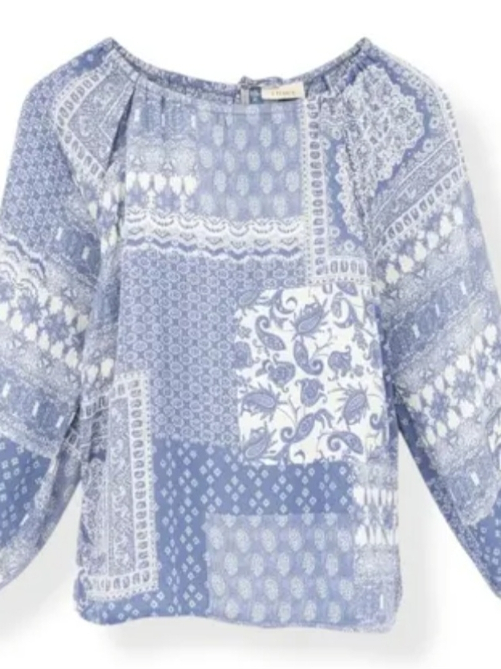 Promesa Blue Patchwork Print Keyhole Peasant Top- Lightweight,Antiwrinkle Summer